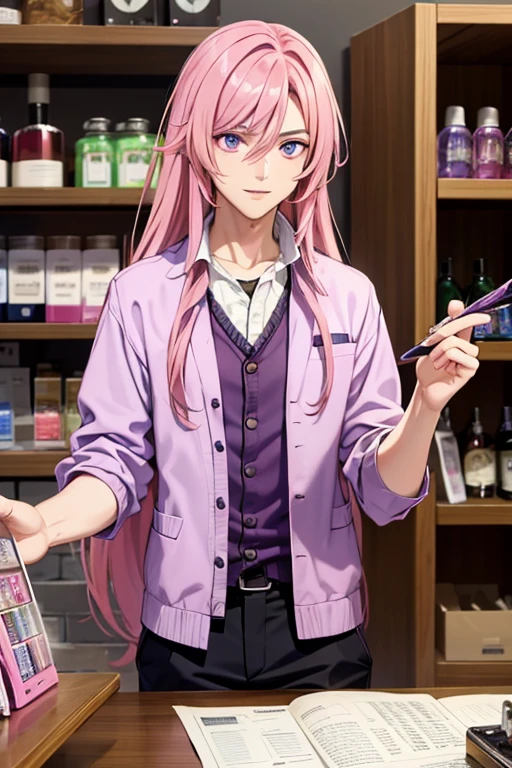 A handsome pink haired man with violet eyes with long hair in a magical student is picking out a wand in the shop