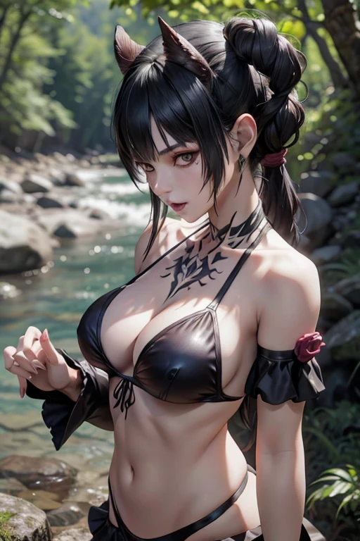 Elisa from Tekken, in a gothic bikini near a river in the forest