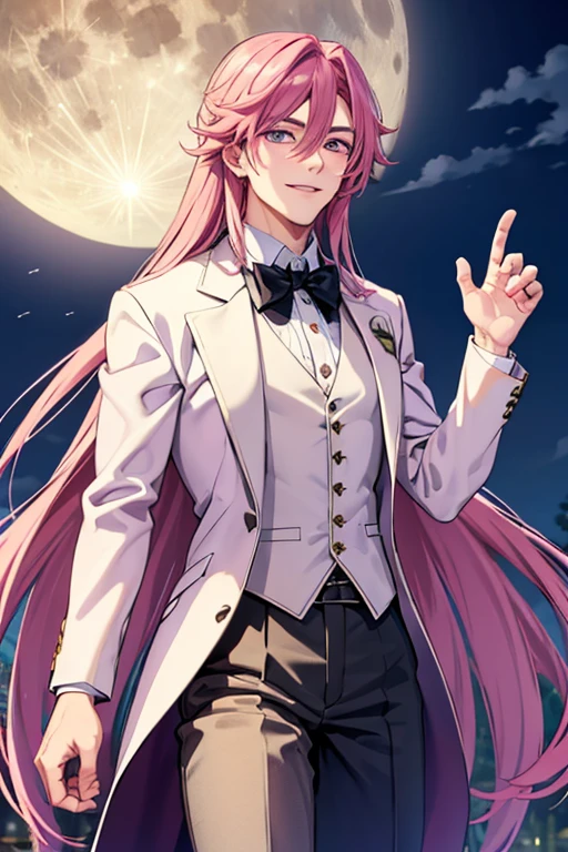 A handsome pink haired man with violet eyes with long hair in a magical student is smiling in front of the full moon