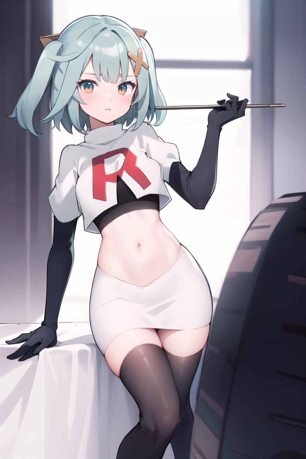 faruzandef, blush, short hair, team rocket,team rocket uniform,white skirt,red letter R,crop top,black thigh-highs,black elbow gloves