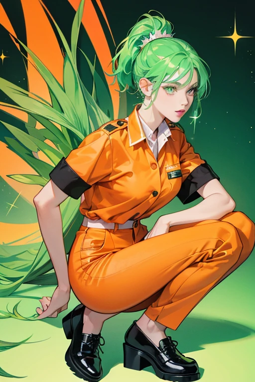 She is a mint  with a spiky neon green dorsal fin and reddish-pink lips. She wears an orange prisoner uniform that consists of an orange collared shirt with a label and orange pants. She also wears black shoes. SPARKLE; GLITTER