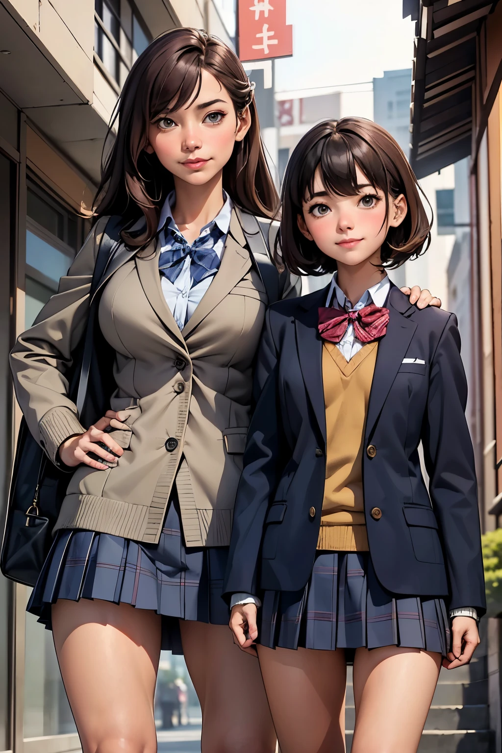 ((highest quality)), ((masterpiece)), (be familiar with), (Two high school girls standing side by side)、brown hair、Navy blazer、Grey plaid skirt、navy blue socks、School bag、Smile、covert photography、Holding the skirt with your hands、(View from directly below)、navy blue socksのクローズアップ、mangaコマ割り、Manga style、manga、Grand staircase in downtown、(2crotch peek:1.4)