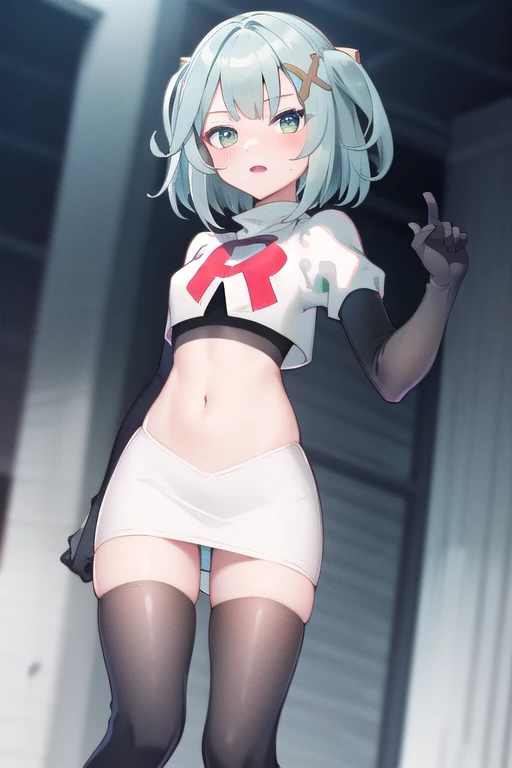 faruzandef, blush, short hair, team rocket,team rocket uniform,white skirt,red letter R,crop top,black thigh-highs,black elbow gloves