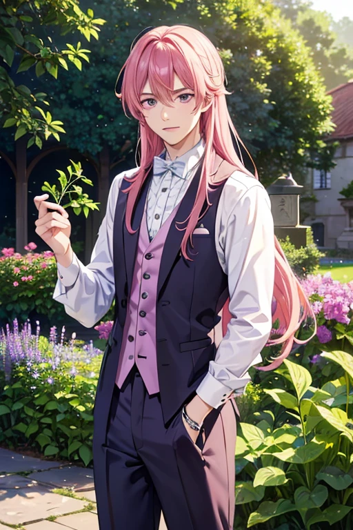 A handsome pink haired man with violet eyes with long hair in a magical student is picking magical herbs in the garden