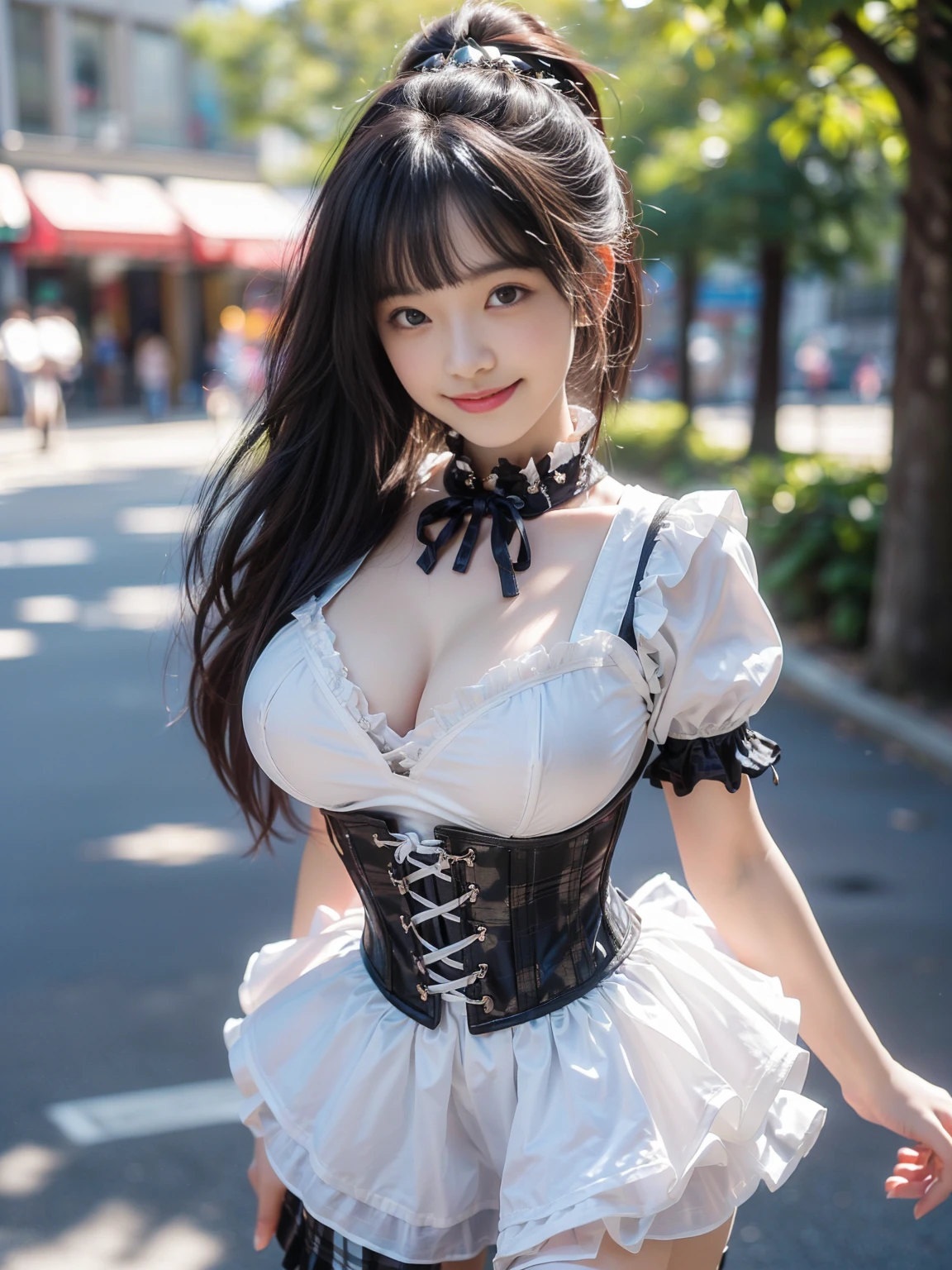 (masterpiece, realistic, photo-realistic:1.2), finely detail, ultra high res, perfect anatomy, best quality, 8K, soft focus, upper body shot, (happy smile:1.3), (1girl, 15yo Japanese girl, height 1.5meters:1.2), (gothic lolita, puffy short sleeves, corset vest, mini-skirt, frills, gothic maid with tartan checked patterns, elaborated costume:1.2), (sexy pose emphasized breasts, standing on road, cleavage, leaning forward, focus on breasts:1.2), (black straight hair, ponytail, blunt bangs:1.2), beautiful detailed face and big eyes, (white and smooth skin, glowing fair skin:1.3), (pointed huge breasts, gigantic breasts:1.3), (bloom, detailed background, beautiful downtown, superb view in Harajuku:1.2),