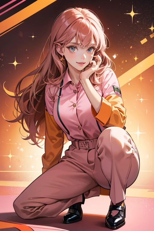 She is a light pink  with dark pink dimples, hot pink lips, and light brown hair. She wears an orange prisoner uniform that consists of and orange collared shirt and pants. She also wears black shoes. SPARKLE; GLITTER