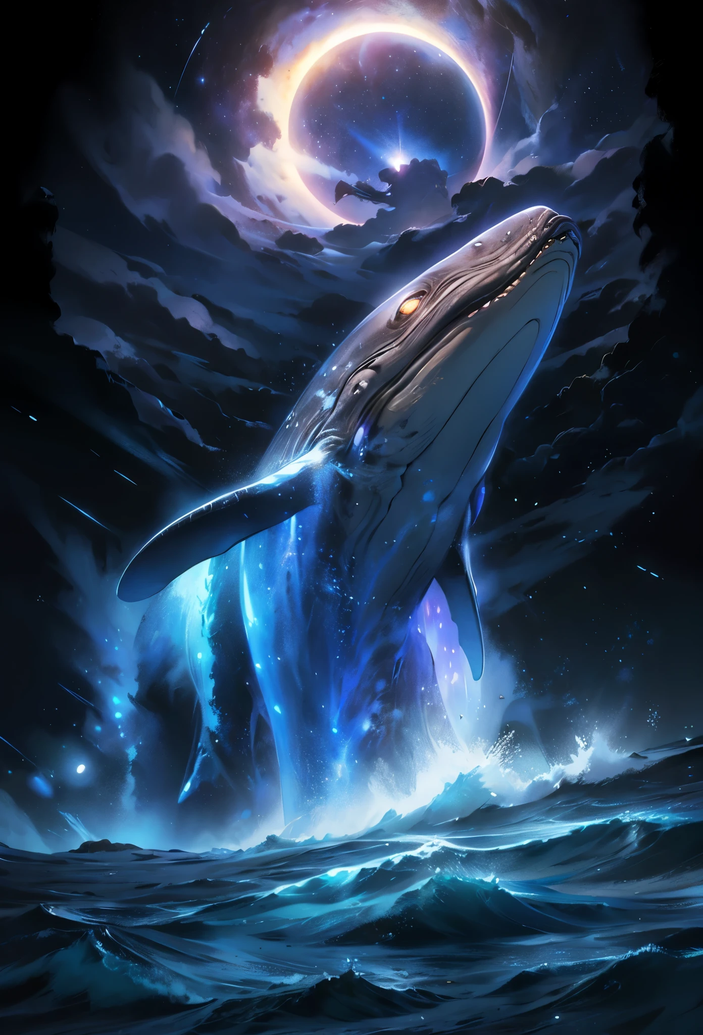 A huge gray whale jumps out of the starry sea, Magnetic storms, night, starry sky sea, huge gray whale in the starry sky, Jean-Baptiste Monge, anthropomorphic --ar 2:3 --testp - optimistic;  