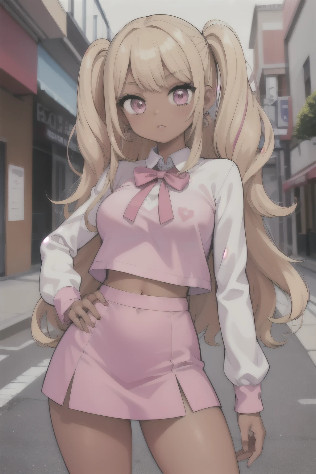 (masterpiece, best quality), 1girl, Miss, Tall, Fit, Square Face, Dark Skin, blonde Hair, pink Eyes, Straight Nose, full Lips, Receding Chin, Long Hair, Wavy Hair, gyaru hair, highlights in hair, full breasts, earrings, lipstick, gyaru, gyaru loose uniform, nice hips, street, good colors, (virbant colors), good lighting, good shading,