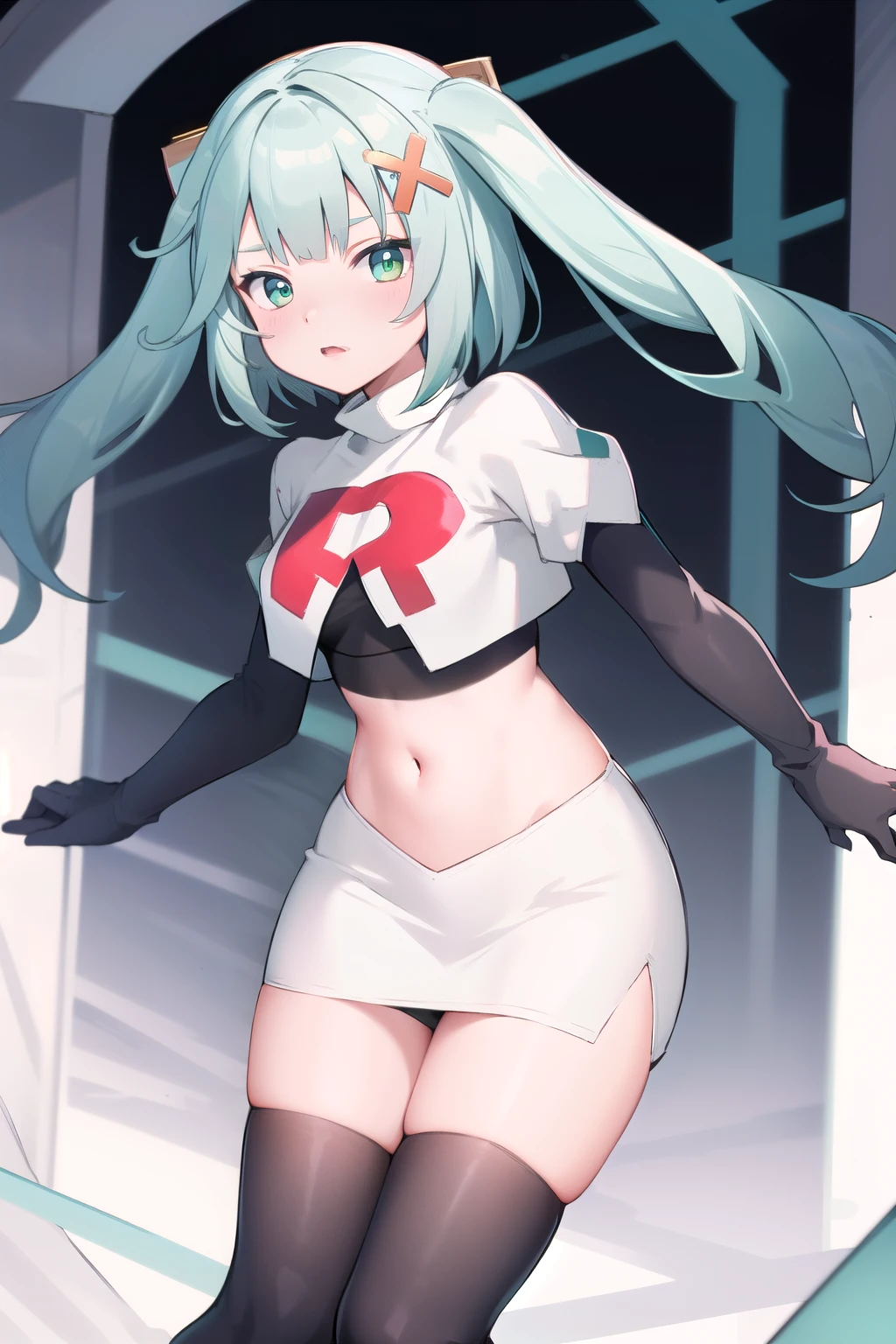 faruzandef, blush, short hair, team rocket,team rocket uniform,white skirt,red letter R,crop top,black thigh-highs,black elbow gloves