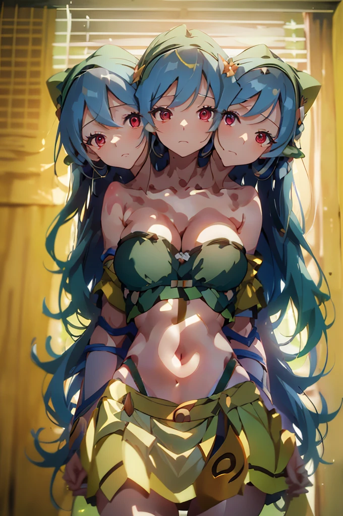 (masterpiece, best quality),best quality, best resolution, (ultra-detailed), (3heads:1.5), 1girl, (keiki haniyasushin:1.3), masterpiece, best quality, ultra quality, ultra resolution, ultra detail, yellow top, crop top, ((stomach)), midriff, ((groin)), yellow skirt, miniskirt, normal ears, shackles, sky blue hair, very long hair, wavy hair, sidelocks, red eyes, parted lips, sweat, cute, toned belly, hand on own chest, eyelashes, (25 year old woman:1.3), (masterpiece:1.5), (best quality:1.5), (beautiful detailed), extremely detailed CG, extremely delicate and beautiful, depth of field, (finely detailed face), (perfect details:1.2), (mature female:1.3), wide pelvis, slender, large veiny breast, 16k resolution, highres, high quality, high definition, extremely detailed, masterpiece, sky blue hair, long hair, alluring presence, twin braid, short skirt, close up, big tits, young, green handkerchief, haniwa, kofun period clothing,