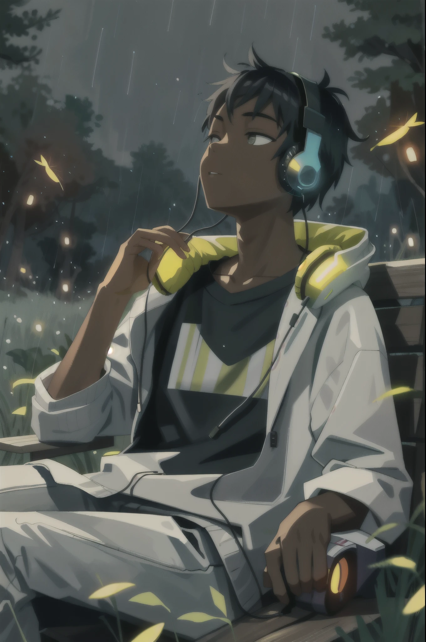masterpiece, best quality, 1boy, outdoor, sitting, field, face, sleeping with mouth open, rain, fireflies, night, happy, dark skin, relaxing, with headphones on