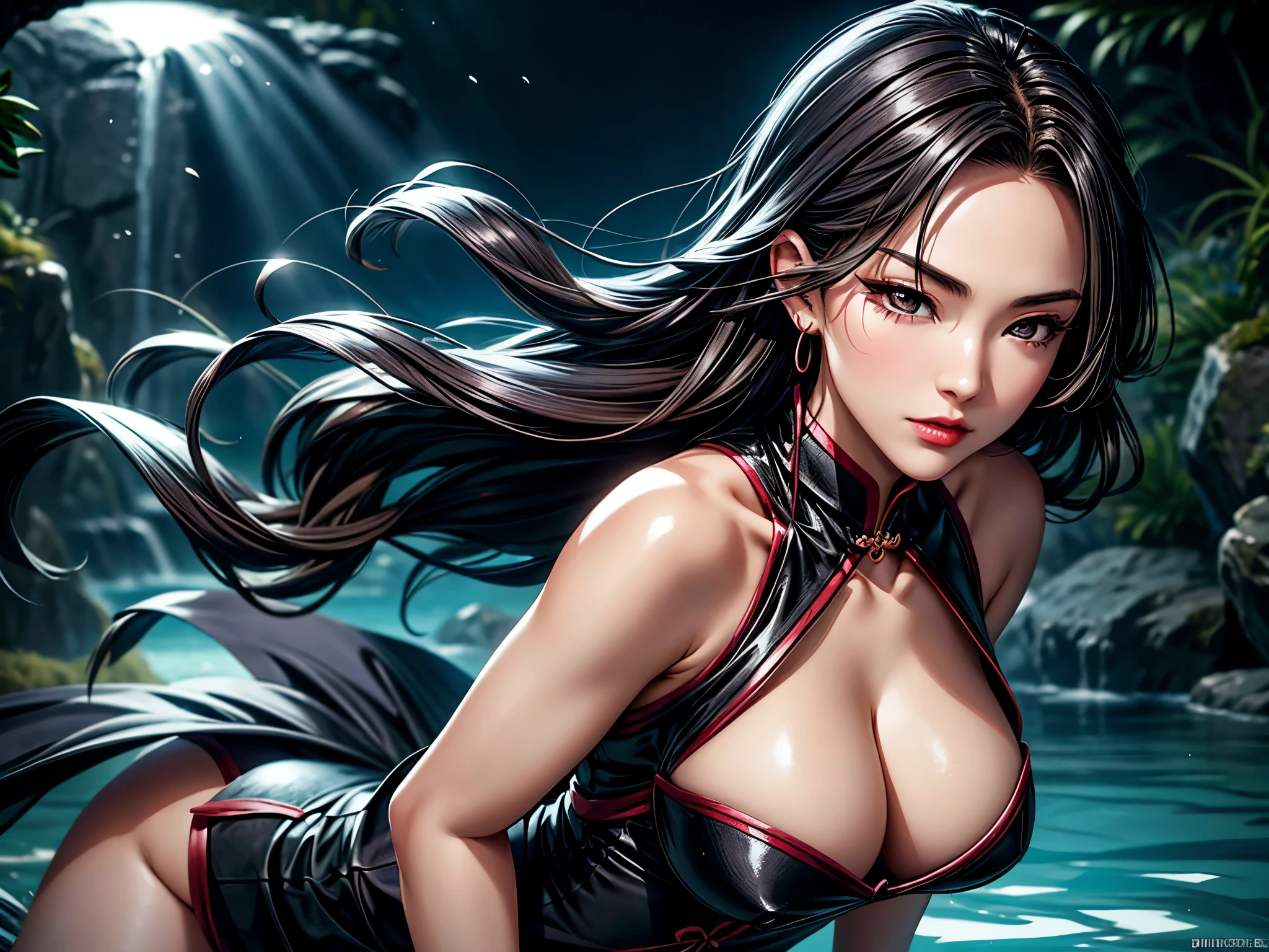 Xianxia style,1 Girl,Above chest,A picture full of tension,Solitary,Sexy female portrait, black eyes,Epic water bend shooting, Beautiful glamour shot ahead, Similar to the style of fairy tales, Dog House,aquatic effects, Visual translucent color, 32K Ultra HD, avatarall grown up,Sharp focus,panchromatic film, Japanese cartoons,(best quality:1.2)
