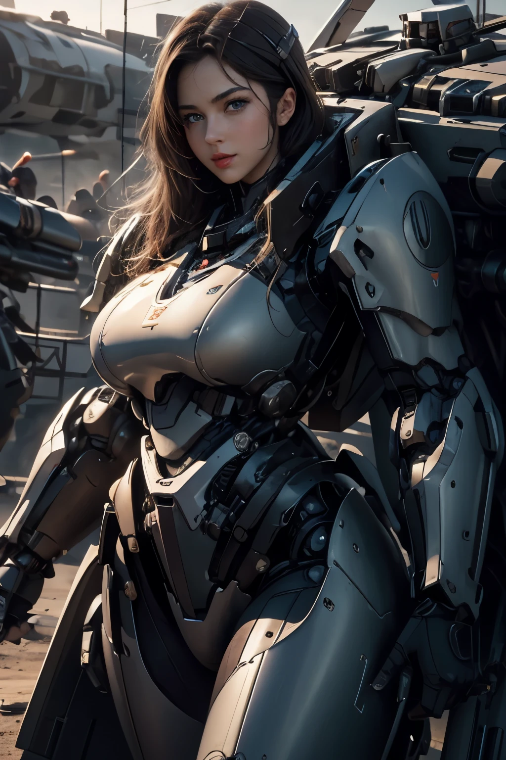 (8k), (best quality), (masterpiece: 1.2), ((ultra realistic)),Obra maestra, of the highest quality, a cute girl thick hot red lips Extremely detailed 4k eyes and face,beautiful beautiful blue eyes,with huge breasts 1.3 bewitching thighs full body running on a battlefield wearing a war weapon mech suit