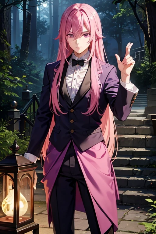 A handsome pink haired man with violet eyes with long hair in a magical student is posing with a pink haired female student with violet eyes with an hourglass figure in the forest at night