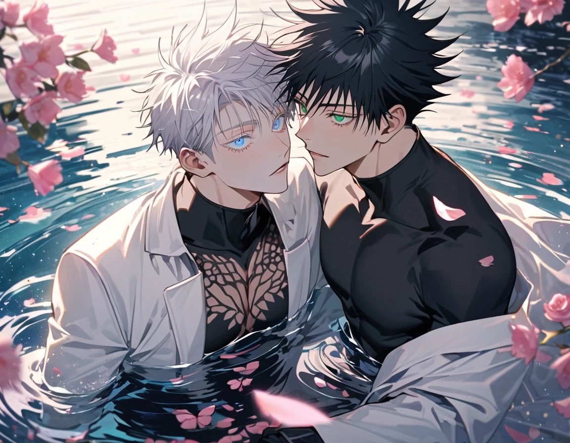 Ultra detailed, Highres, absurdres, Fushiguro Megumi, black hair, green eyes, Gojou Satoru,white hair with bangs, blue eyes, white eyelashes, white long coat with patterns, Jujutsu Kaisen, pink flowers, petals, extremely handsome, 2 sexy men together, gay couple, toned chest, solo, very detailed eyes and face, black gloves, water, black pants, pink butterflies, black tight t-shirt, love,