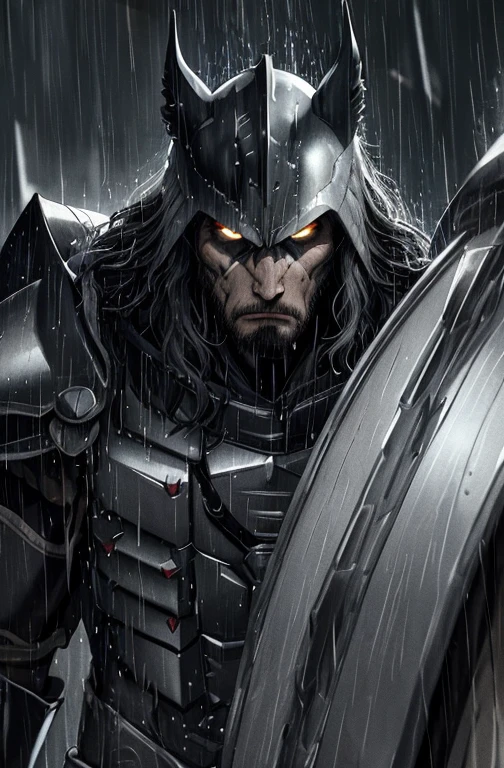 Lobo, the black warrior, stands firmly against the backdrop of a rainy scene. Drenched in rain, he takes shield in hand, dressed in armor, wearing a helmet to protect his head. The heavy rain pours down, creating intricate patterns on the shield and armor, highlighting every curve and detailed texture. The darkness of the night, punctuated by the vivid flashes of lightning, underlines the intensity of the scene. The loud pattering of raindrops against the armor adds to the sense of isolation and determination in Lobo's gaze. The rain-soaked, shiny fur on his neck contrasts sharply with his dark armor and helmet, and droplets glisten on his