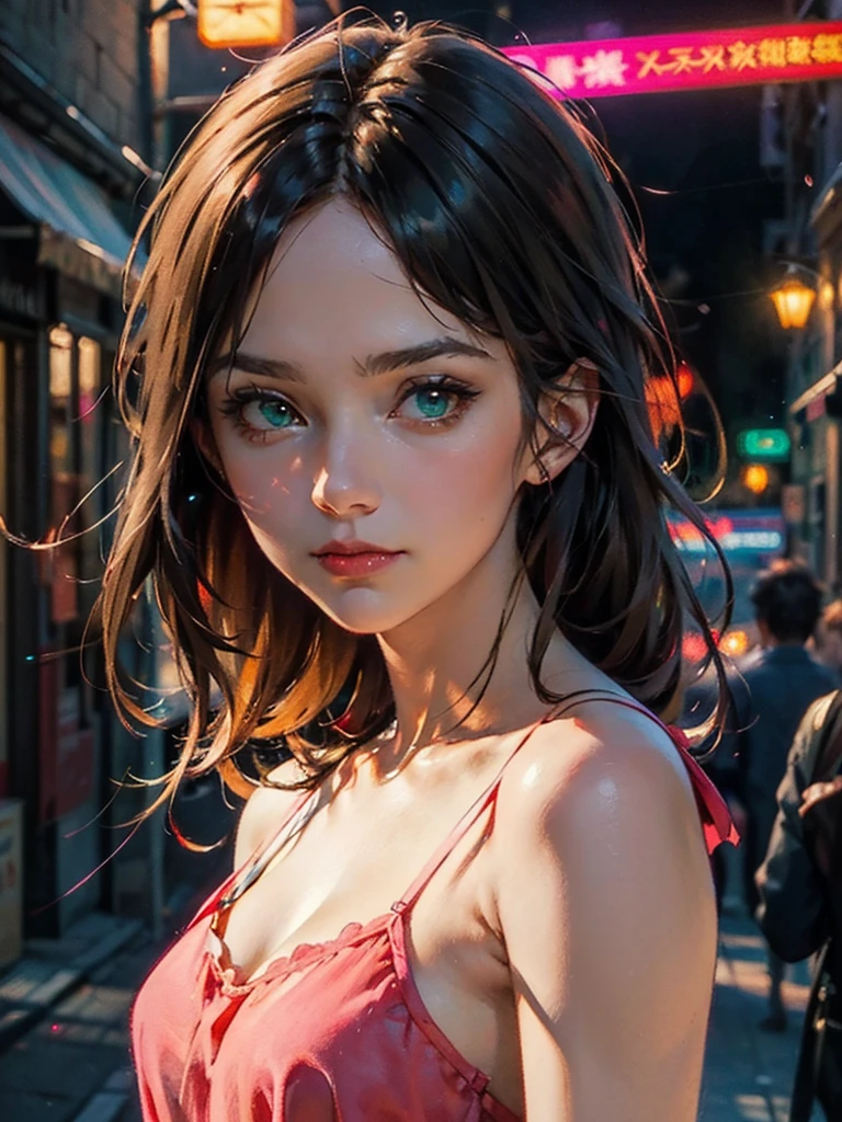(8k, best quality, masterpiece:1.2),(best quality:1.0), (ultra highres:1.0), watercolor, a beautiful woman, shoulder, dark green eyes, long dark hair, pink camisoles shirt, hair ribbons, by smeglejj, half body portrait, extremely luminous bright design, flying light particles, crimson red pastel colors, (ink:1.3), dark neon alley lights, inspired by ghibli anime
