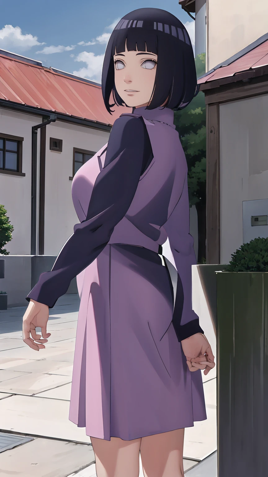 Meisterwerk, absurdres, Hinata\(Boruto\), 1girls, nur,reifes Weibchen, lila Kapuzenpullover,layered sleeves, braune Hose, al fresco,Lavendelblütenfeld, Blick auf den Betrachter, (falling petals), overcast sky, Perfekte Komposition, Detaillierte Lippen, large chest, Beautiful face, Body Propotion, flush, (rosa Lippen), Lange Haare, lila Augen, Sanfter Blick, sad smile, Super realistisch, Detailliert, Fotoshooting, Realistic face and body, Realistisches Haar, Realistische Augen, realistische Nase, Realistische Lippen, backwards, looking back