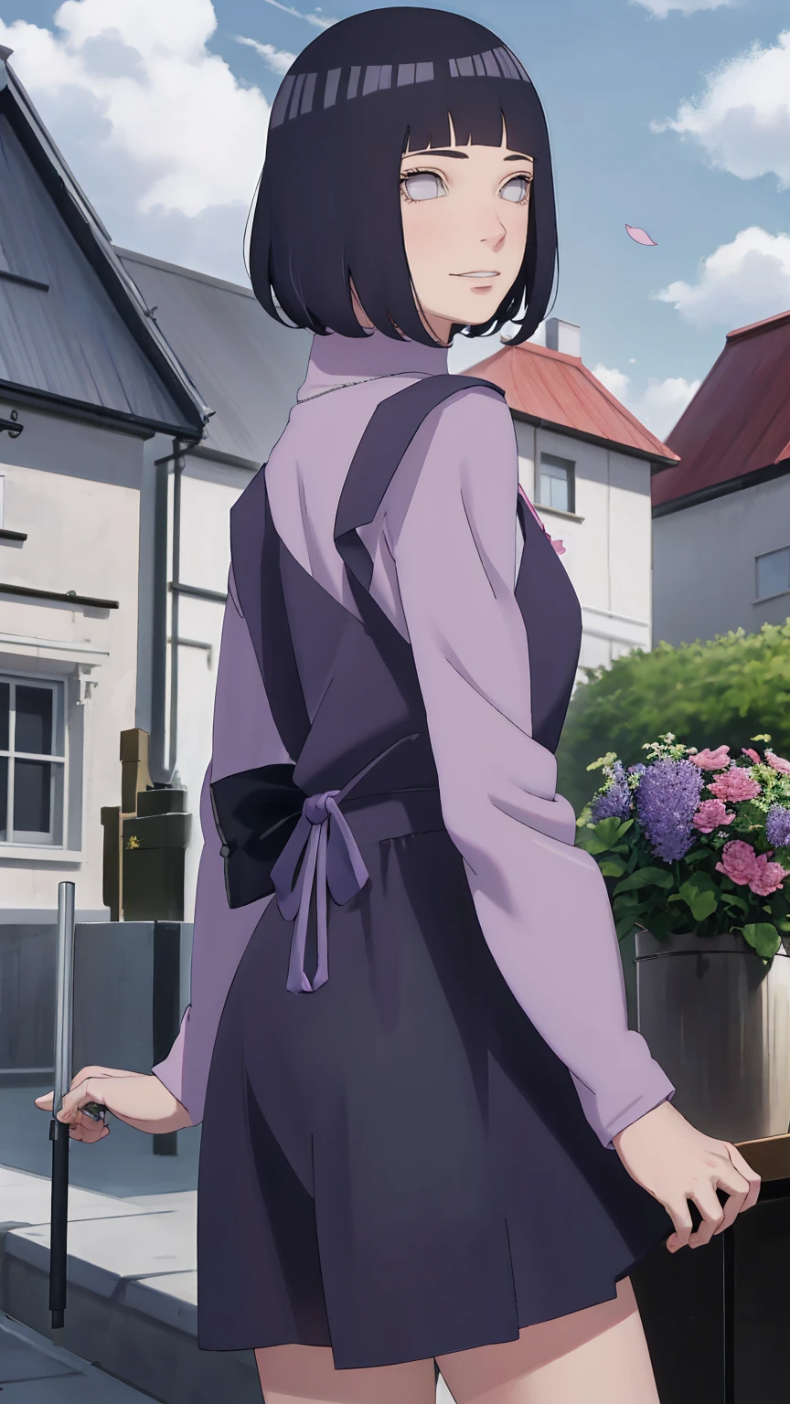 Meisterwerk, absurdres, Hinata\(Boruto\), 1girls, nur,reifes Weibchen, lila Kapuzenpullover,layered sleeves, braune Hose, al fresco,Lavendelblütenfeld, Blick auf den Betrachter, (falling petals), overcast sky, Perfekte Komposition, Detaillierte Lippen, large chest, Beautiful face, Body Propotion, flush, (rosa Lippen), Lange Haare, lila Augen, Sanfter Blick, sad smile, Super realistisch, Detailliert, Fotoshooting, Realistic face and body, Realistisches Haar, Realistische Augen, realistische Nase, Realistische Lippen, backwards, looking back
