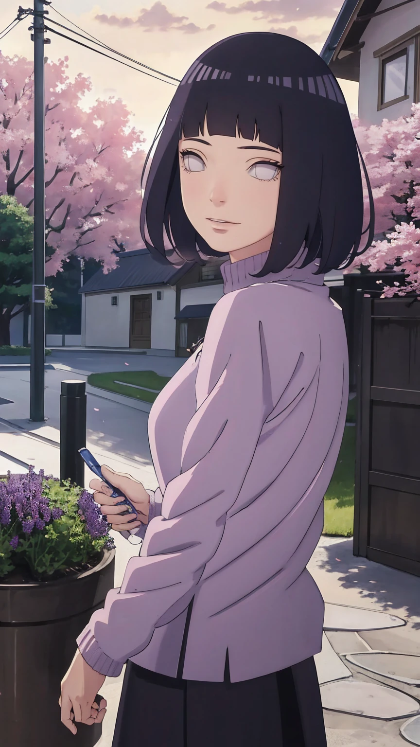 Meisterwerk, absurdres, Hinata\(Boruto\), 1girls, nur,reifes Weibchen, lila Kapuzenpullover,layered sleeves, braune Hose, al fresco,Lavendelblütenfeld, Blick auf den Betrachter, (falling petals), overcast sky, Perfekte Komposition, Detaillierte Lippen, large chest, Beautiful face, Body Propotion, flush, (rosa Lippen), Lange Haare, lila Augen, Sanfter Blick, sad smile, Super realistisch, Detailliert, Fotoshooting, Realistic face and body, Realistisches Haar, Realistische Augen, realistische Nase, Realistische Lippen, backwards, looking back