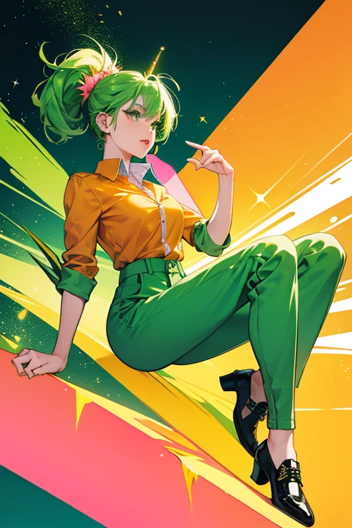 She is a green  with a bright green spiky fin and pink lips. She wears an orange prisoner uniform that consists of an orange collared shirt with a label and orange pants. She also wears black shoes. SPARKLE; GLITTER
