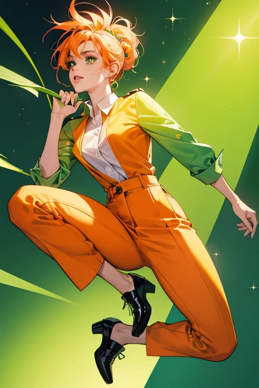 She is a green with a bright green spiky fin and pink lips. She wears an orange prisoner uniform that consists of an orange collared shirt with a label and orange pants. She also wears black shoes. SPARKLE; GLITTER