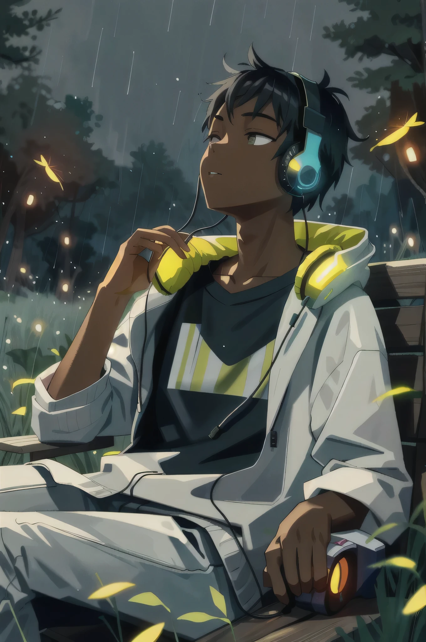 masterpiece, best quality, 1boy, outdoor, sitting, field, face, sleeping with mouth open, rain, fireflies, night, happy, dark skin, relaxing, with headphones on