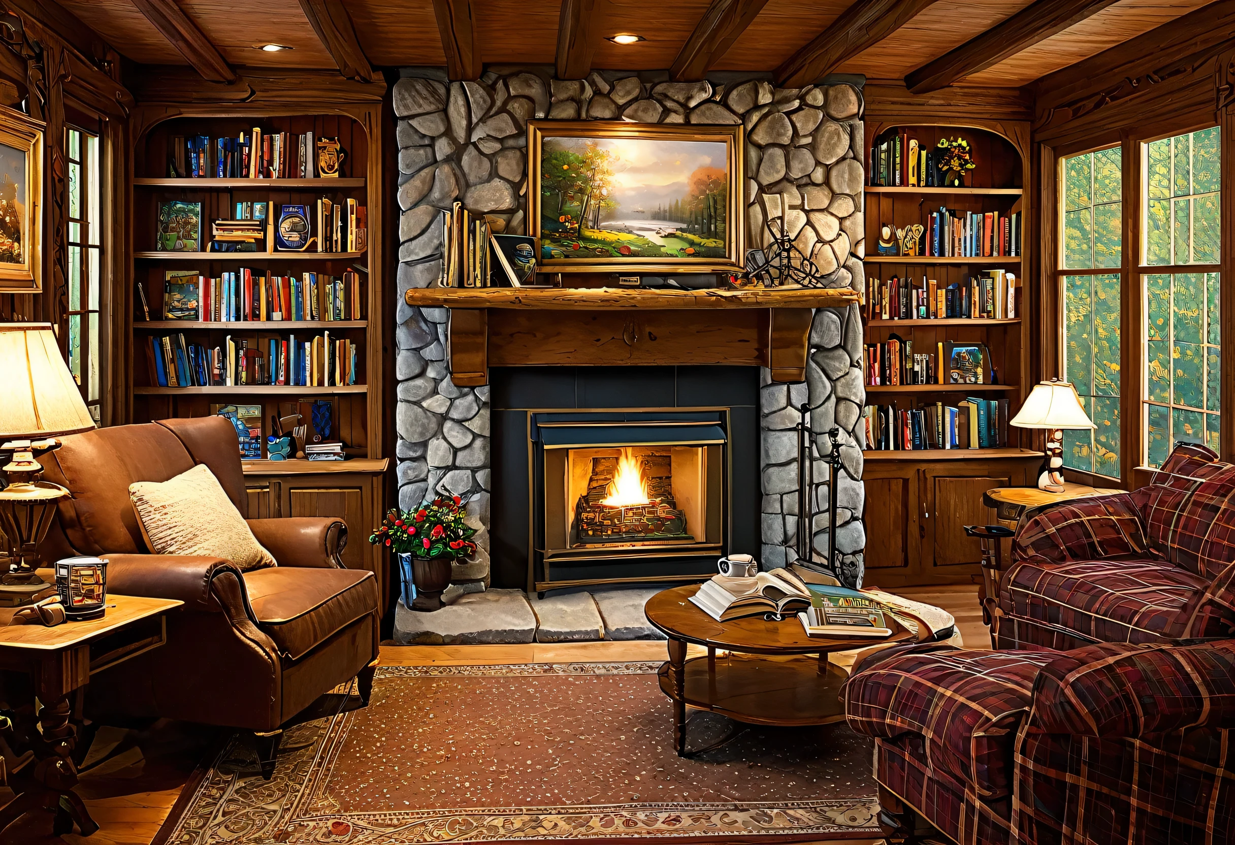 Image of a fifty-year-old man in a living room with a fireplace and books, Thomas Kinkade. cute Cozy rooms, A pleasant and enchanting scene, Cozy atmosphere, pleasant Cozy atmosphere, Cozy atmosphere, Thomas Kinkade. Forest Room, Cozy home background, Cozy place, beautiful and detailed scenes, Pleasant aesthetics, Cozy living room background, Cozy rooms, Cozy environment, Cozy atmosphere, cozy wallpaper