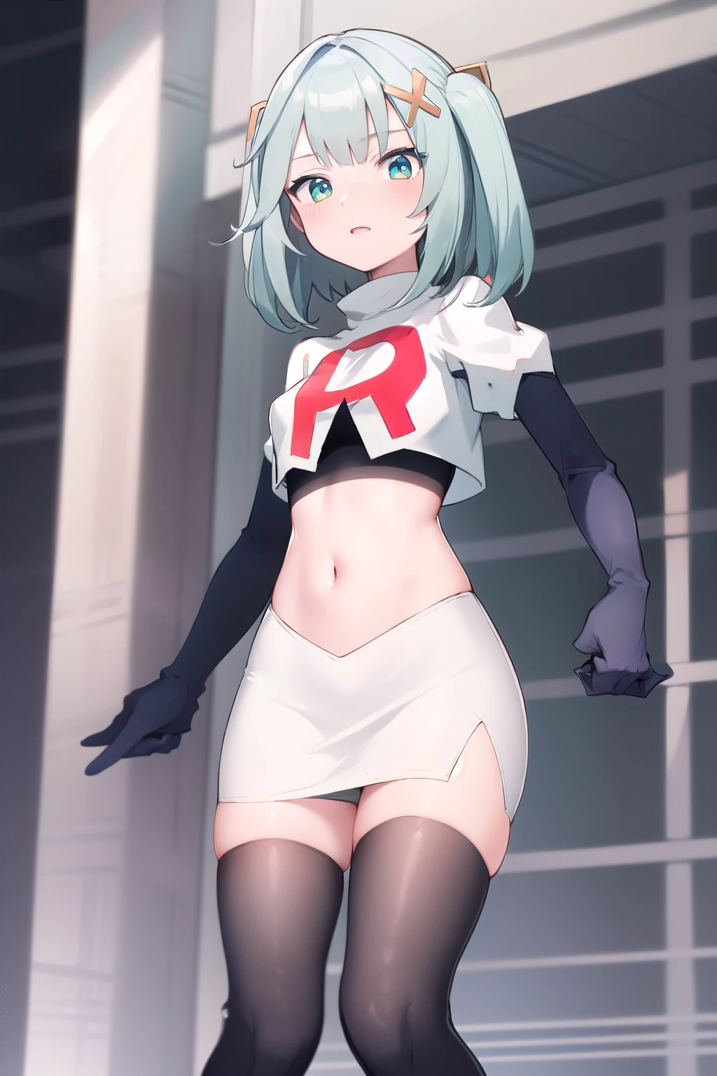 faruzandef, blush, short hair, team rocket,team rocket uniform,white skirt,red letter R,crop top,black thigh-highs,black elbow gloves