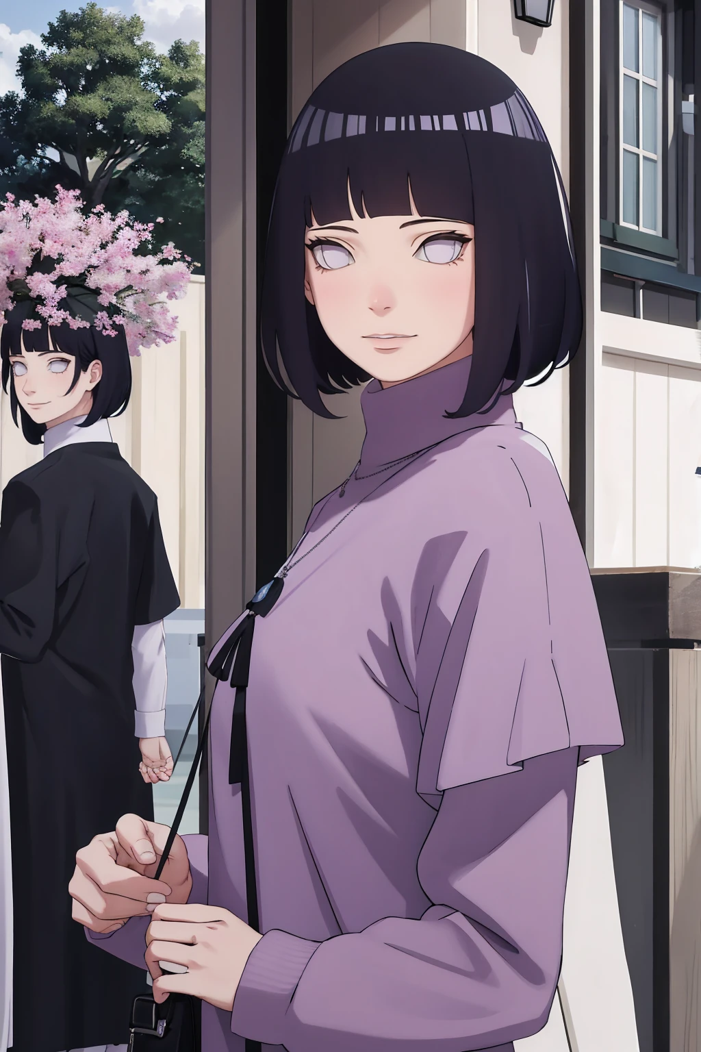 Meisterwerk, absurdres, Hinata\(Boruto\), 1girls, nur,reifes Weibchen, lila Kapuzenpullover,layered sleeves, braune Hose, al fresco,Lavendelblütenfeld, Blick auf den Betrachter, (falling petals), overcast sky, Perfekte Komposition, Detaillierte Lippen, large chest, Beautiful face, Body Propotion, flush, (rosa Lippen), Lange Haare, lila Augen, Sanfter Blick, sad smile, Super realistisch, Detailliert, Fotoshooting, Realistic face and body, Realistisches Haar, Realistische Augen, realistische Nase, Realistische Lippen, backwards, looking back