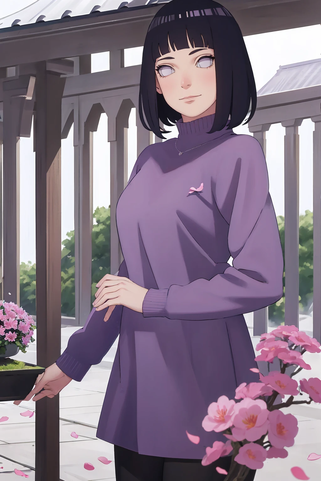 Meisterwerk, absurdres, Hinata\(Boruto\), 1girls, nur,reifes Weibchen, lila Kapuzenpullover,layered sleeves, braune Hose, al fresco,Lavendelblütenfeld, Blick auf den Betrachter, (falling petals), overcast sky, Perfekte Komposition, Detaillierte Lippen, large chest, Beautiful face, Body Propotion, flush, (rosa Lippen), Lange Haare, lila Augen, Sanfter Blick, sad smile, Super realistisch, Detailliert, Fotoshooting, Realistic face and body, Realistisches Haar, Realistische Augen, realistische Nase, Realistische Lippen, backwards, looking back
