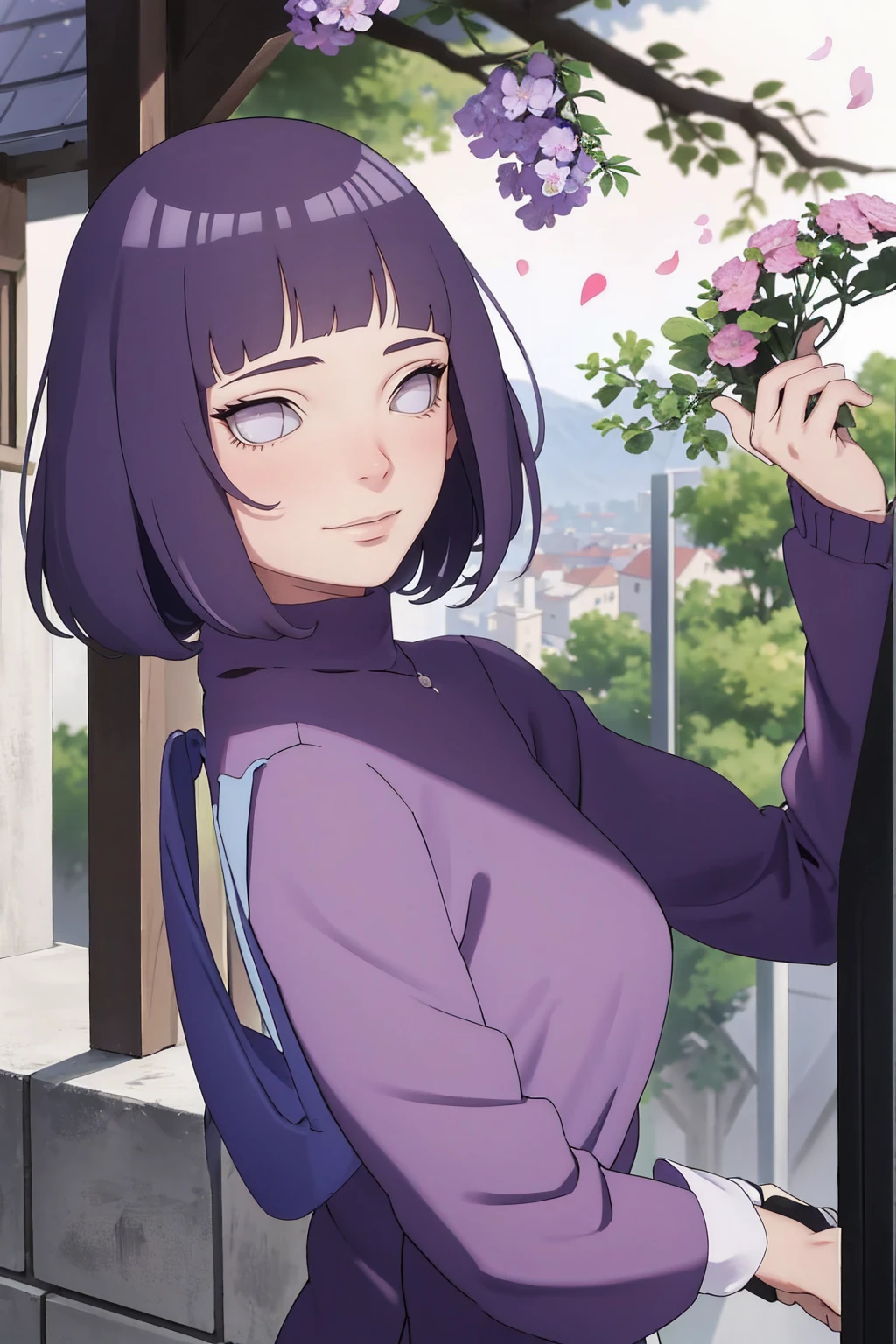 Meisterwerk, absurdres, Hinata\(Boruto\), 1girls, nur,reifes Weibchen, lila Kapuzenpullover,layered sleeves, braune Hose, al fresco,Lavendelblütenfeld, Blick auf den Betrachter, (falling petals), overcast sky, Perfekte Komposition, Detaillierte Lippen, large chest, Beautiful face, Body Propotion, flush, (rosa Lippen), Lange Haare, lila Augen, Sanfter Blick, sad smile, Super realistisch, Detailliert, Fotoshooting, Realistic face and body, Realistisches Haar, Realistische Augen, realistische Nase, Realistische Lippen, backwards, looking back