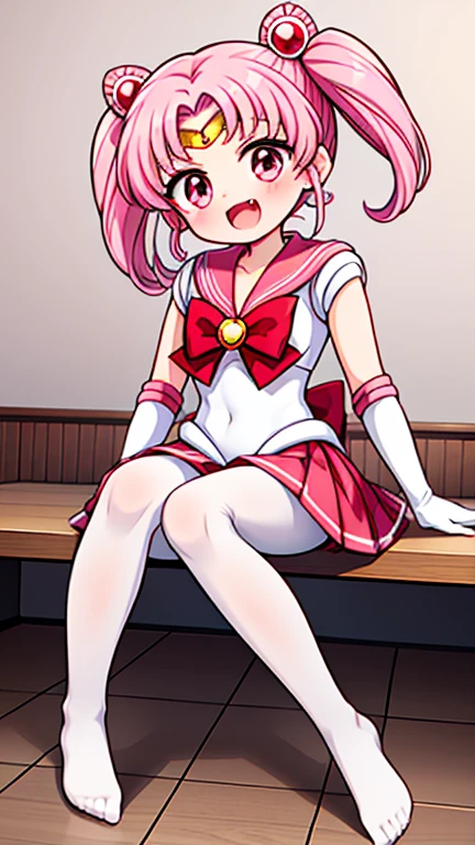 Sailor Moon，young年，，cute，（Little Loli），Pink hair twintails，short hair，Sailor Suit，Red bow，White elbow gloves，Red Skirt，No shoes，Open your mouth，laughing out loud，Fangs，(White pantyhose),soles of feet，Soles，(young)，(little man)，sit