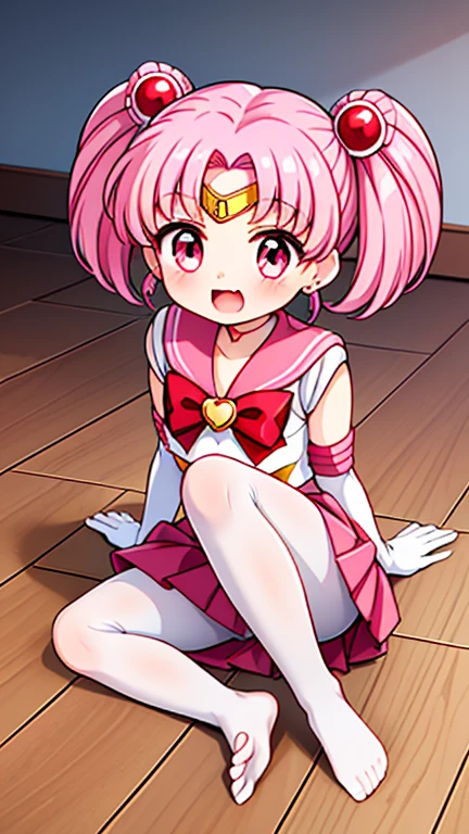 Sailor Moon,young年,Seven years old,cute,(Little Loli),Pink hair twintails,short hair,Sailor Suit,Red bow,White elbow gloves,Red Skirt,No shoes,Open your mouth,laughing out loud,Fangs,(White pantyhose),soles of feet,Soles,(young),(little man),sit