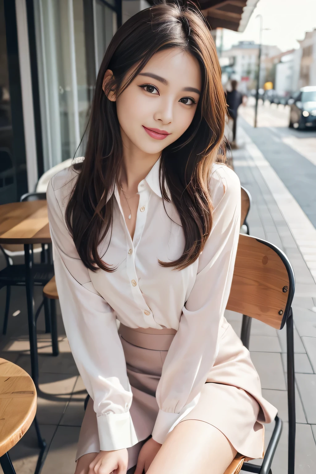 highest quality, Realistically, Very detailed, About pubic hair, High resolution, 8k wallpaper, One beautiful woman, Pink wet lips, Light brown messy hair, Wearing a suit, shirt, White Skirt, Lock focus, Perfect dynamic composition, Beautiful Eyes, Delicate Hair, Detailed Realistically skin texture, smile, Close-up portrait, Model Body Type, On the open terrace of the cafe, blurred background, (full body shot), Take photos from a distance, Random body orientation,Sitting in a chair、