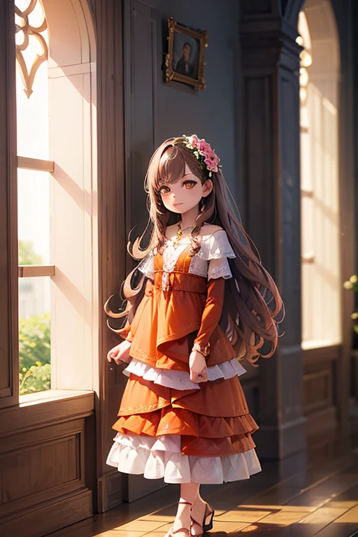 full body shot, Highest quality, 8k, High resolution, 1 girl, High-quality texture, Intricate details, CG, High Quality Shadows, beautiful and delicate face, Beautiful details and a delicate eye, Written boundary depth, Ray Tracing, , pretty girl, glossy lips, Looking at the audience, (jewelry/accessories), (Eye color is brown), (Pink flower hair ornament), (Brown Hair, Long Hair), (Layered Hairstyles), (Orange Dress), White flowers blooming on the wall, smile, Be sure to add details to your clothes, full body shot, marble, Dancing
