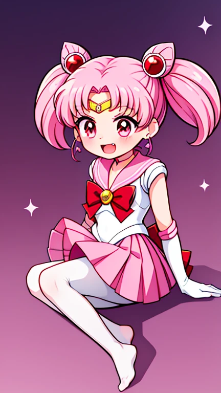 Sailor Moon,young年,Seven years old,cute,(Little ),Pink hair twintails,short hair,Sailor Suit,Red bow,White elbow gloves,Red Skirt,No shoes,Open your mouth,laughing out loud,Fangs,(White pantyhose),soles of feet,Soles,(young),(little man),sit