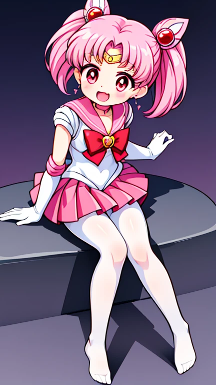 Sailor Moon，young年，Seven years old，cute，（Little ****），Pink hair twintails，short hair，Sailor Suit，Red bow，White elbow gloves，Red Skirt，No shoes，Open your mouth，laughing out loud，Fangs，(White pantyhose),soles of feet，Soles，(young)，(little man)，sit