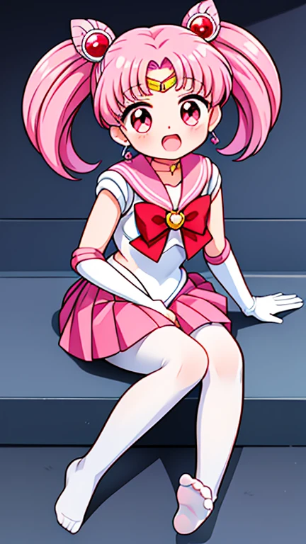 Sailor Moon，young年，Seven years old，cute，（Little ****），Pink hair twintails，short hair，Sailor Suit，Red bow，White elbow gloves，Red Skirt，No shoes，Open your mouth，laughing out loud，Fangs，(White pantyhose),soles of feet，Soles，(young)，(little man)，sit