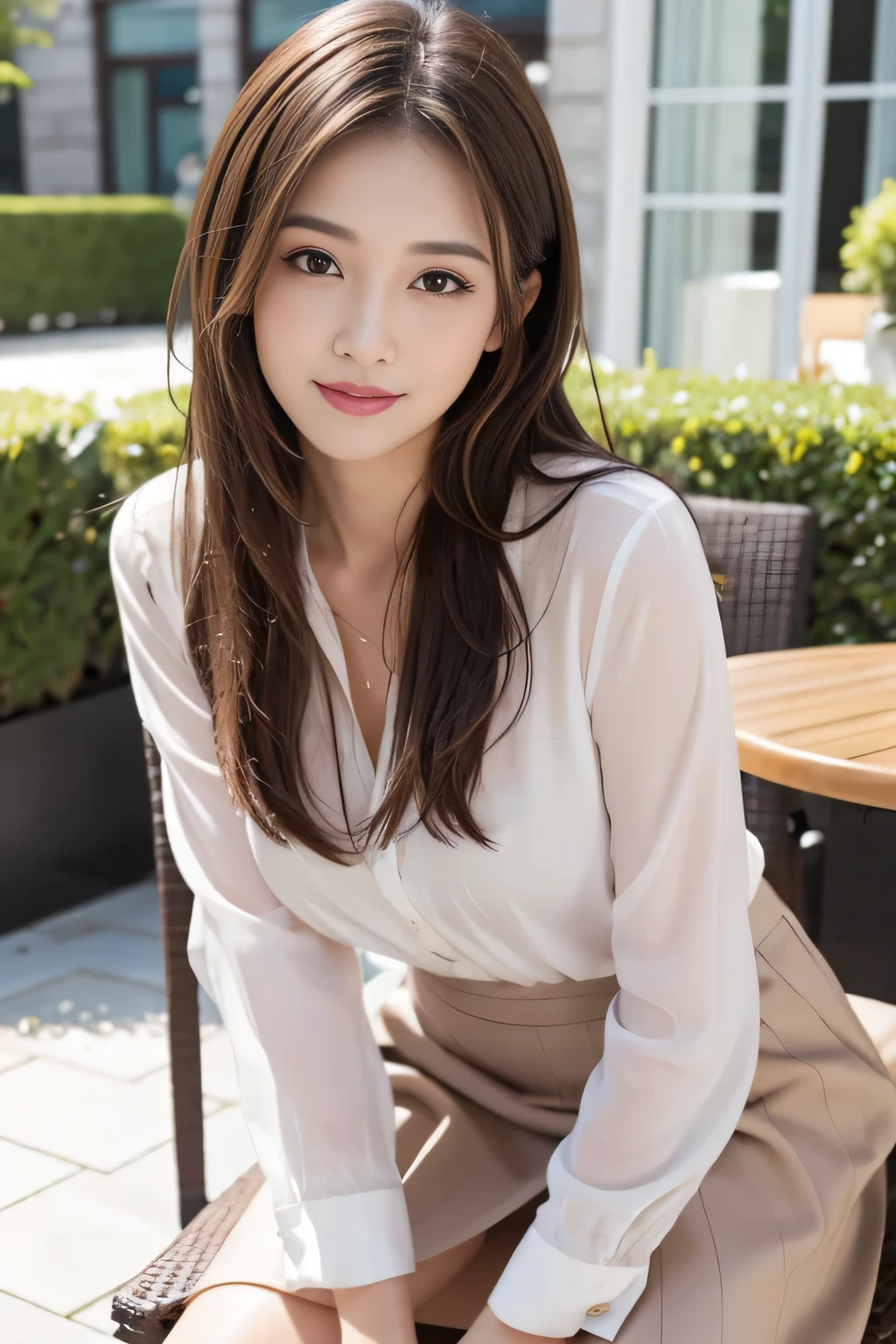 highest quality, Realistically, Very detailed, About pubic hair, High resolution, 8k wallpaper, One beautiful woman, Pink wet lips, Light brown messy hair, Wearing a suit, shirt, White Skirt, Lock focus, Perfect dynamic composition, Beautiful Eyes, Delicate Hair, Detailed Realistically skin texture, smile, Close-up portrait, Model Body Type, On the open terrace of the cafe, blurred background, (full body shot), Take photos from a distance, Random body orientation,Sitting in a chair、