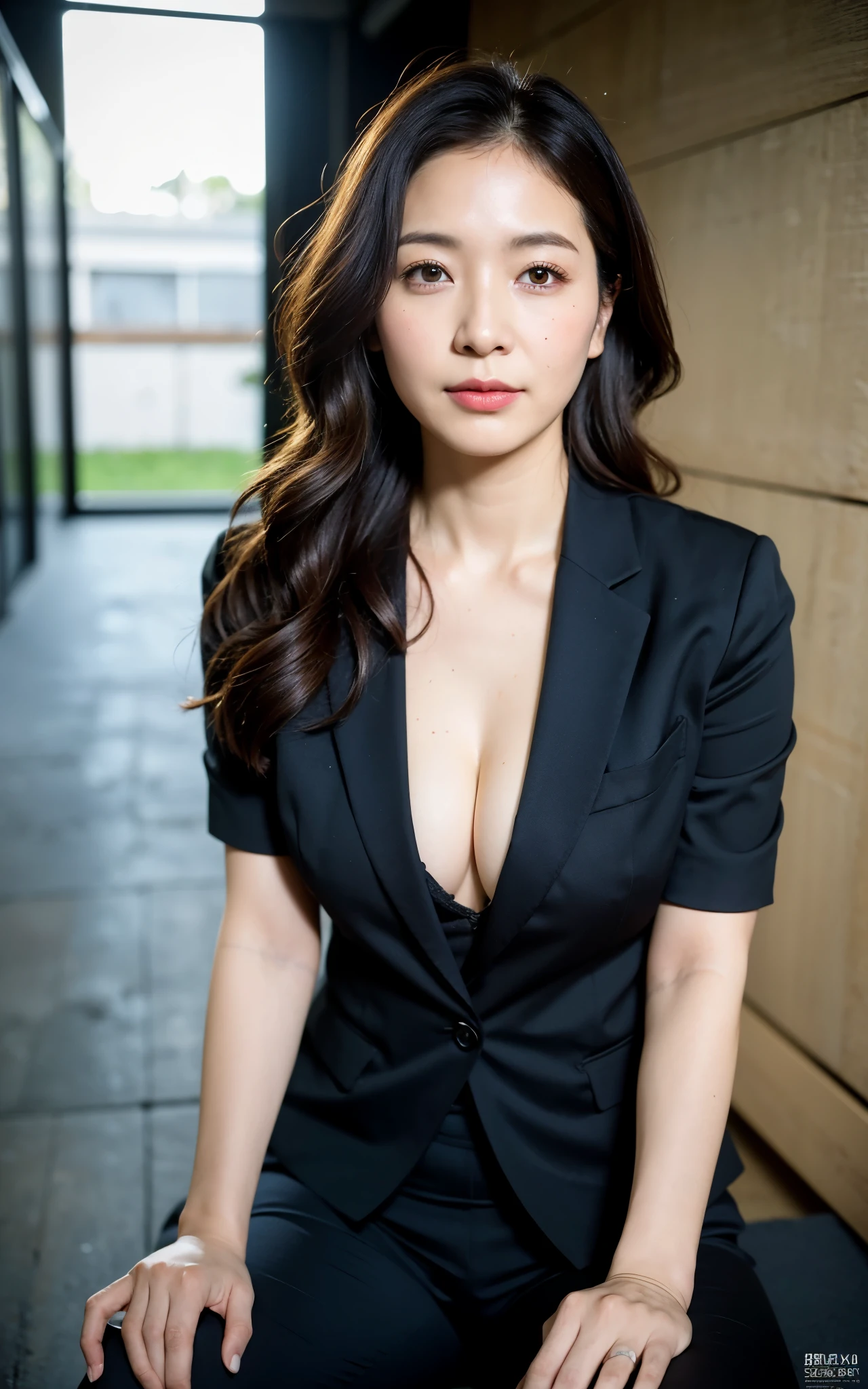 ((Best Quality, 8k, Masterpiece: 1.3)), Photorealistic, Sharp Focus, High Quality, High Definition, Portrait, Solo, Japan, Middle Aged Woman, Beauty, Clothes with Cleavage View, 43 years old, Plump, Wavy Hair, Business suit, Wrinkles at the corners of the eyes,  seductive expression, Open legs, Narrow backyard, Lots of boxes, Lots of files, Dark background