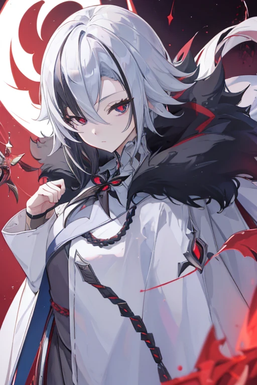 arlecchino, (masterpiece, best quality), 1girl, black hair, white hair, genshin impact, fatui harbinger cloak, (anime), fur rimmed cloak, (x shaped eyes, symbol-shaped eyes),