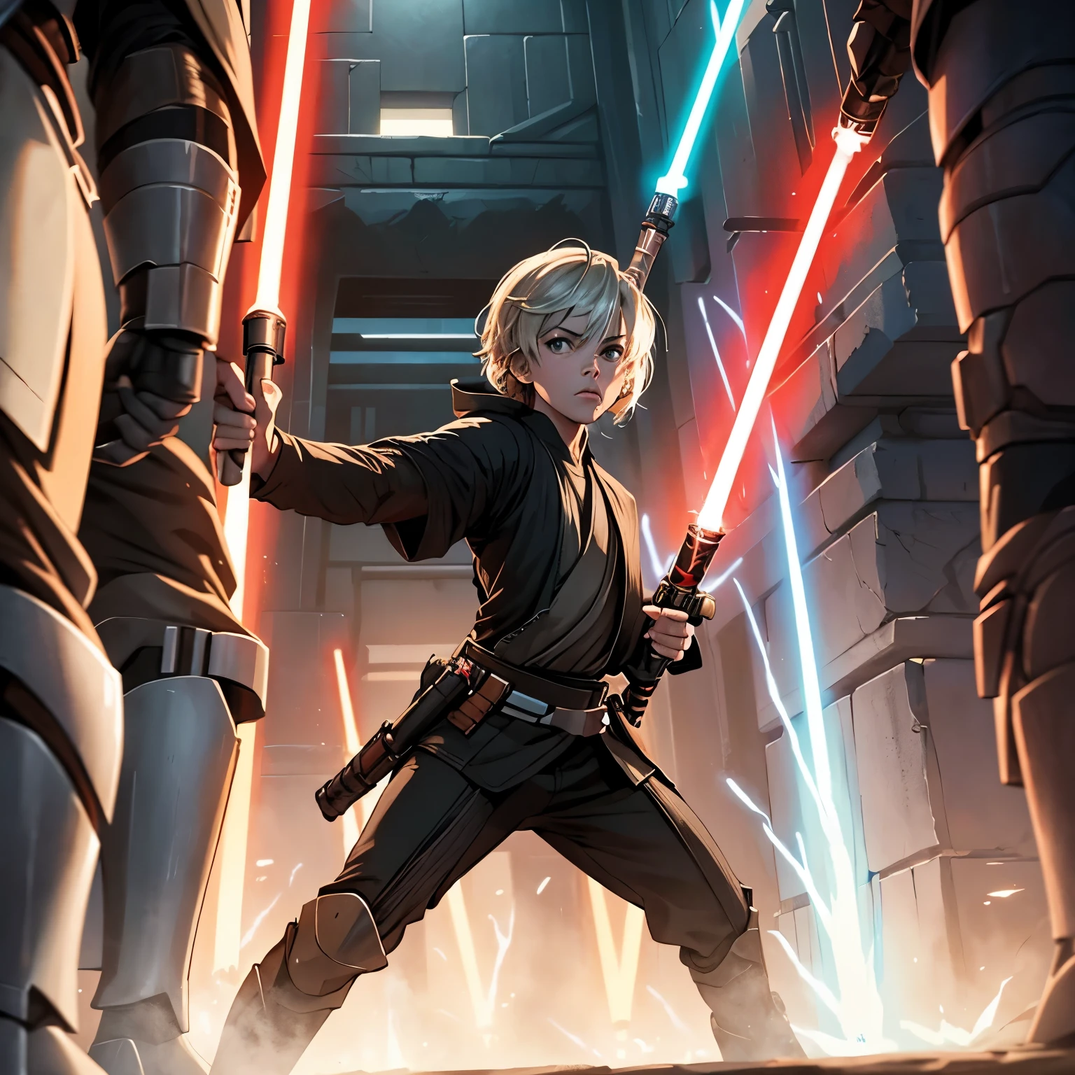 [Boy jedi],[star wars],(protect),(fight),(droids),(lightsaber),(boy jedi vs girl sith fight)