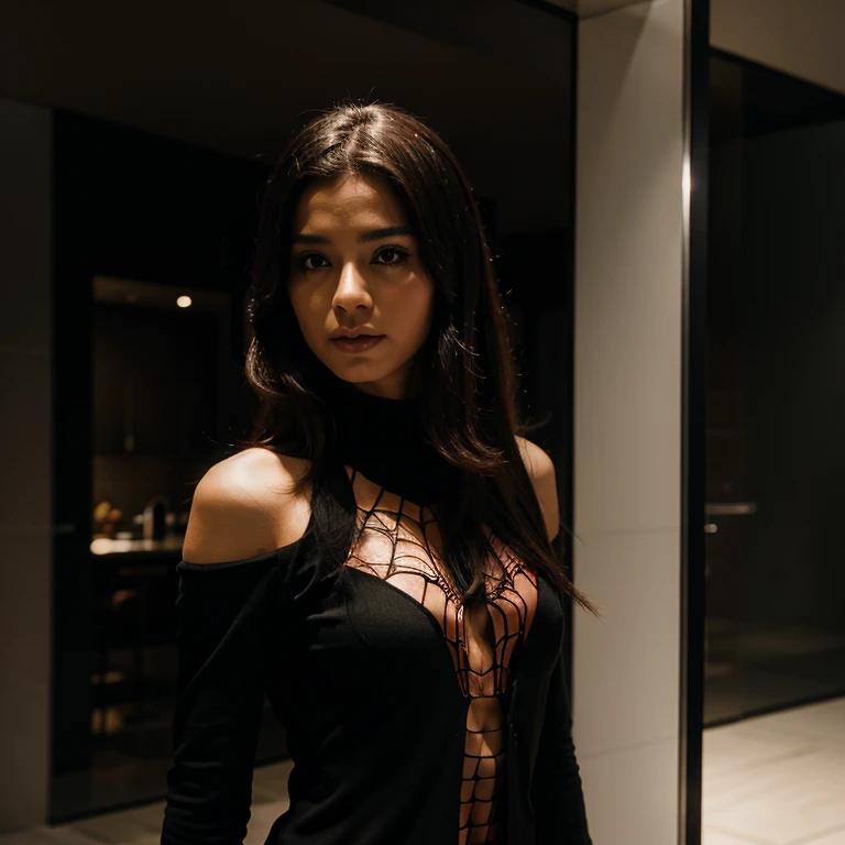 Spider woman con un traje muy oscuro