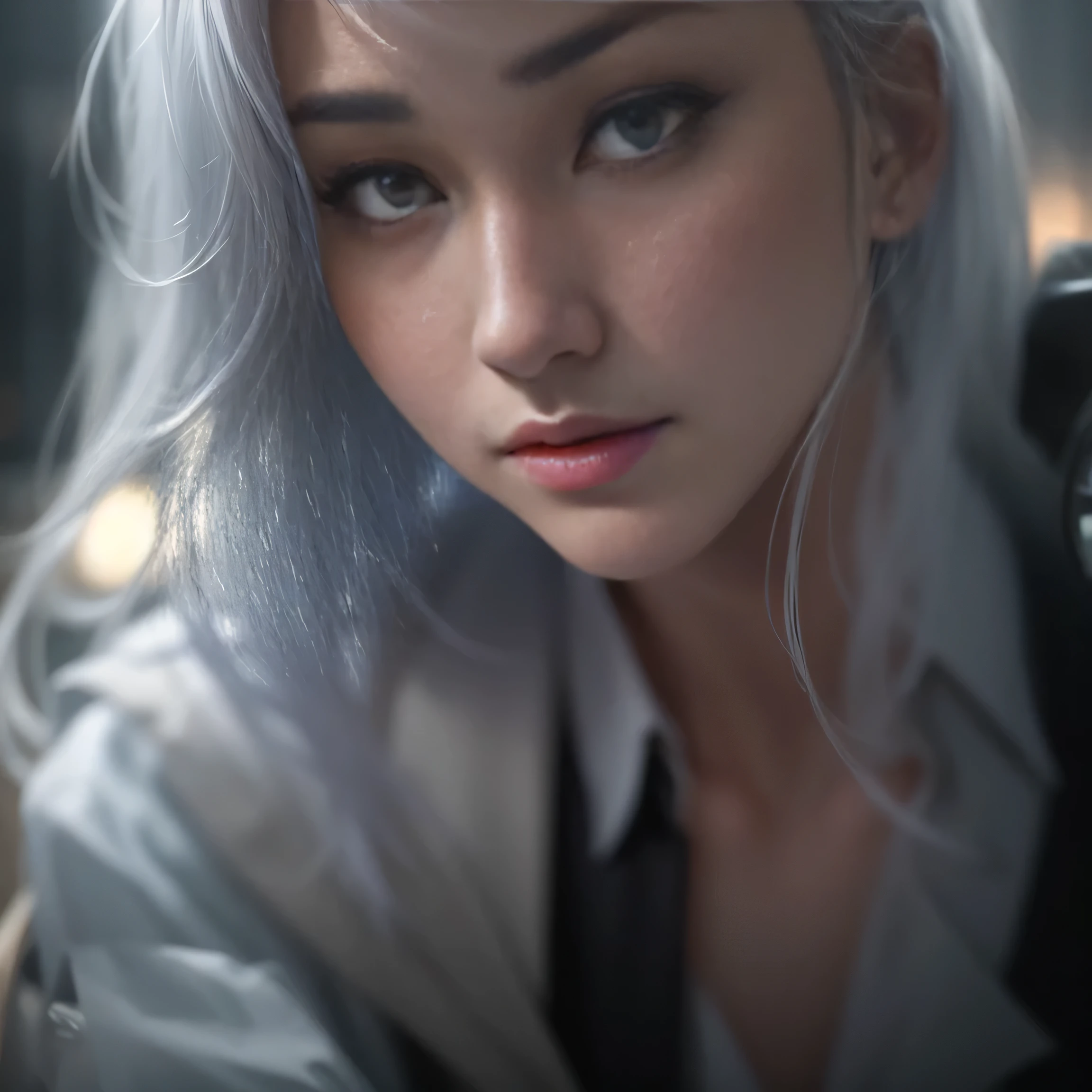 Random posture, mix4,(8k, RAW photo, best quality, masterpiece:1.2), (realistic, photo-realistic:1.37),1girl,cute,cityscape, night, rain, wet, professional lighting, photon mapping, radiosity, physically-based rendering,, gradient black colour hair,, White hair, short curly hair, handsome, girl, white ball suit, top quality picture, high resolution, 1080p, (clear face), (detailed facial description), (detailed hand description), (masterpiece), (exquisite CG), extreme light and shadow, messy hair, master's work, rich details, (fine facial features), (highest quality picture), (masterpiece), (detailed eyes),Look ahead with your eyes,Fine collarbone