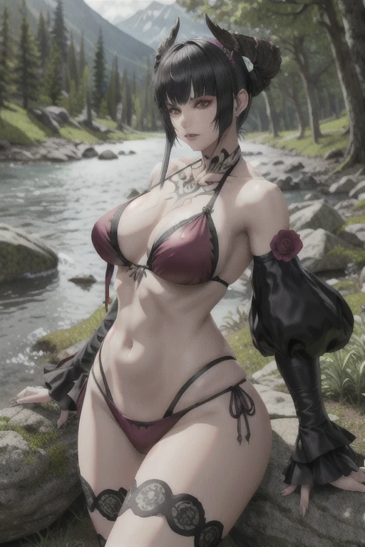 Elisa from Tekken, in a gothic bikini near a river in the forest