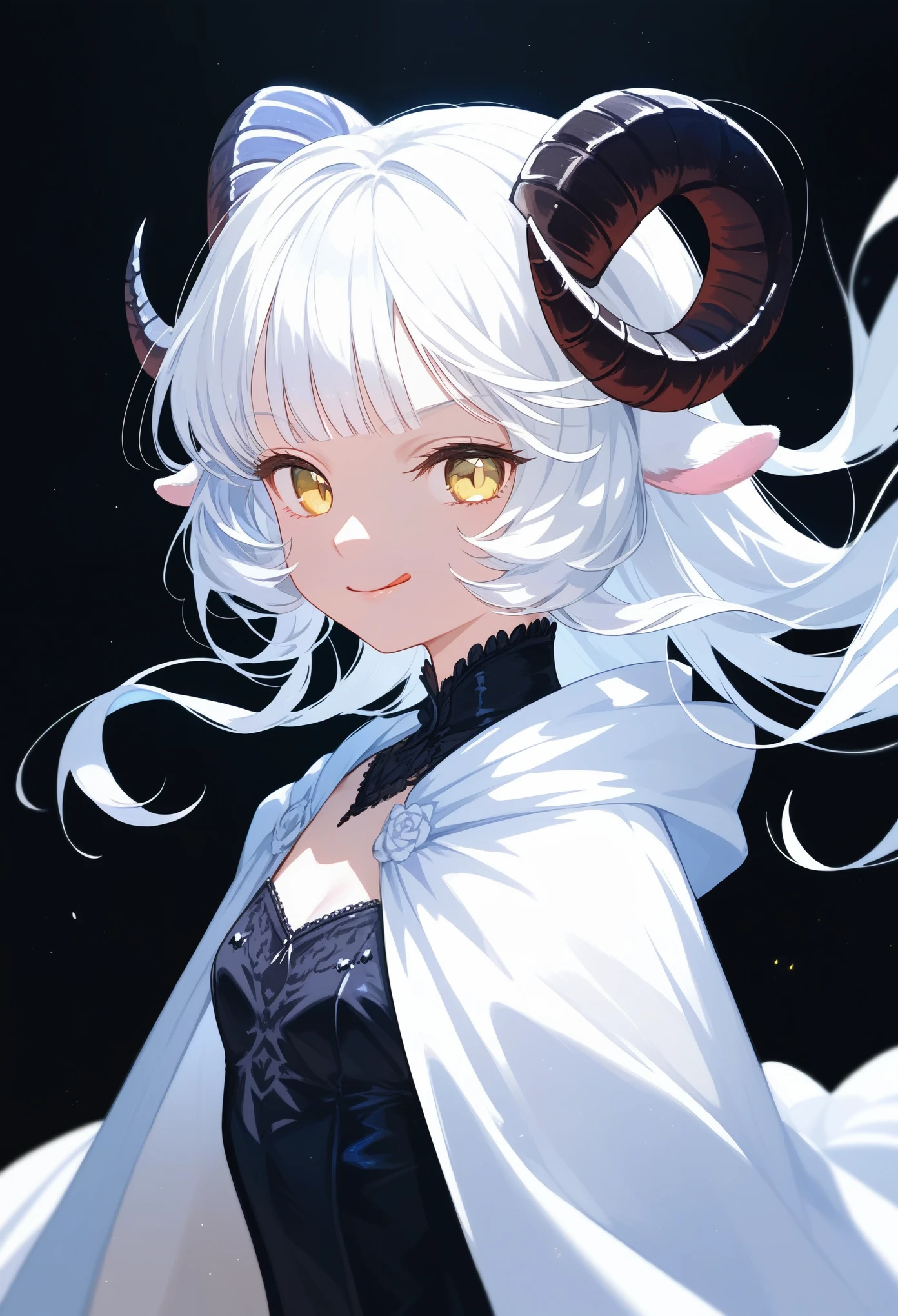 (score_9, score_8_up, score_7_up), 1girl, solo, sheep horns, curled horns, black horns, white sheep ears, white hair, long hair, hime cut, long bangs, sheep horns, curled horns, yellow eyes, evil smile, smug, tongue out, :p, small breasts, standing, wearing a white hooded cultist cloak, hood off, old fashioned, black victorian dress beneath, black background, simple background, upper body, highres, detailed, best quality, masterpiece,