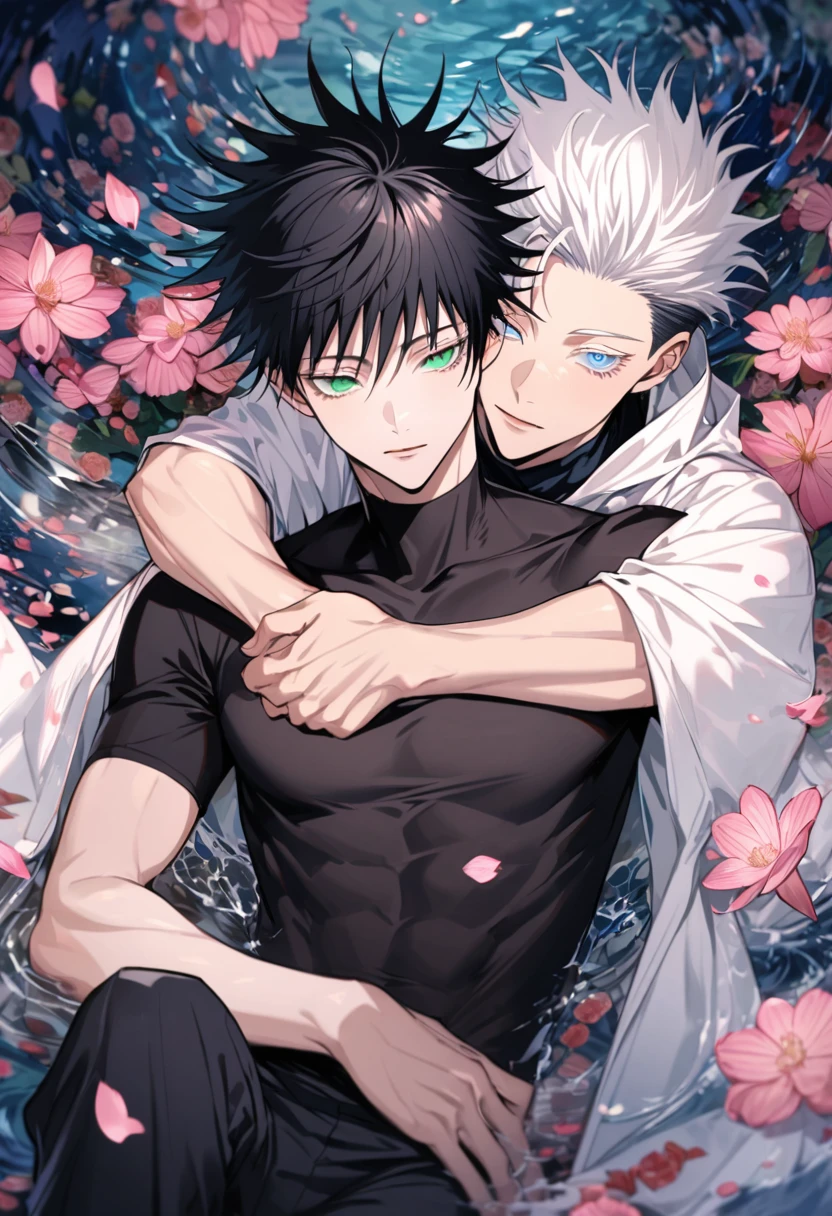 Ultra detailed, Highres, absurdres, Fushiguro Megumi, black hair, green eyes, Gojou Satoru,white hair with bangs, blue eyes, white eyelashes, white long coat with patterns, Jujutsu Kaisen, pink flowers, petals, extremely handsome, 2 sexy men together, gay couple, toned chest, solo, very detailed eyes and face, black gloves, water, black pants, pink butterflies, black tight t-shirt, love,