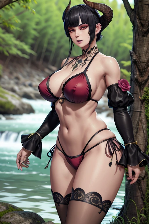 Elisa from Tekken, in a gothic bikini near a river in the forest