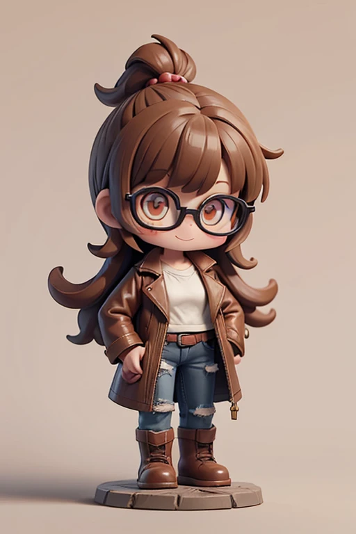 A girl with impressive medium-length shaggy brown hair、rebellious 80s punk hairstyle、long heavy leather coat, white shirt with unbuttoned top button, jeans、Sarcastic smile, Brown eyes, glasses with lenses、Chunky hiking boots、dynamic pose